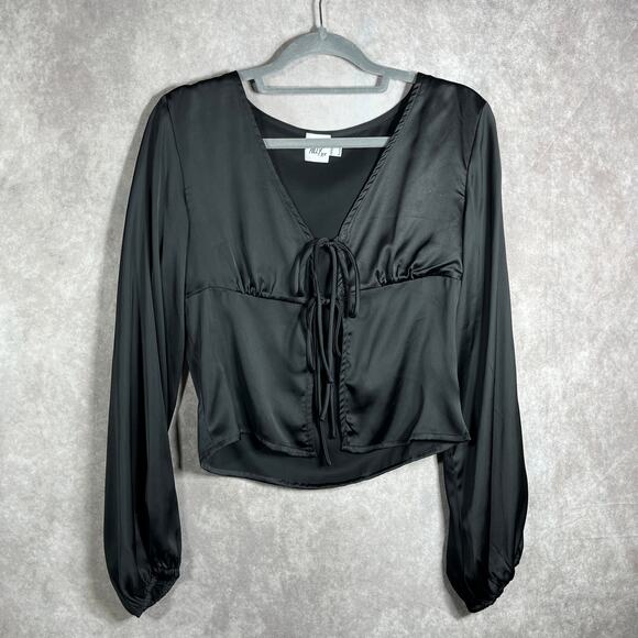 Princess Polly Blouse Womens Size 8 Black Satin Tie Front Long Sleeves‎ V-Neck - Picture 1 of 10